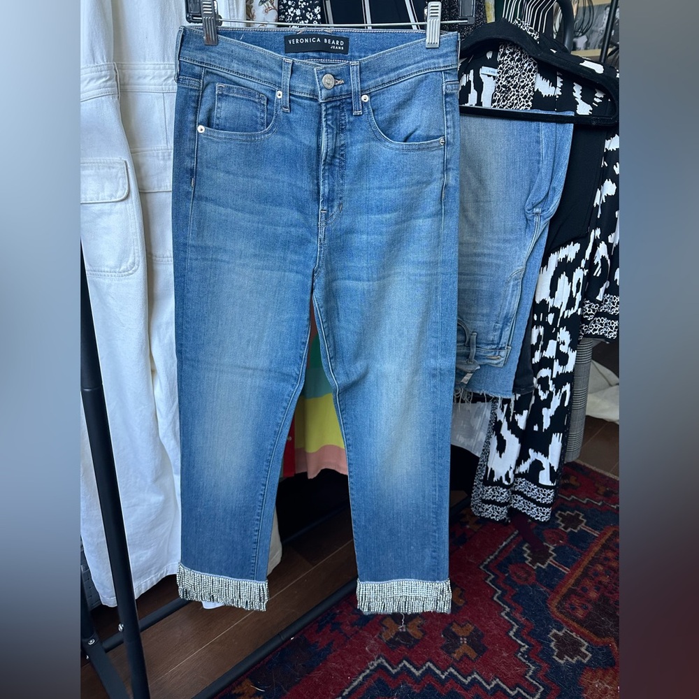 Veronica Beard Ryleigh Slim Straight jean with rhinestone fringe, size 28 / 6